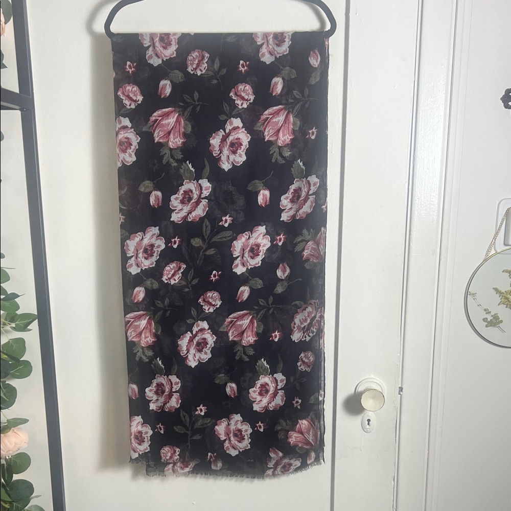 Black Floral Scarf with Romantic Pink Rose Print